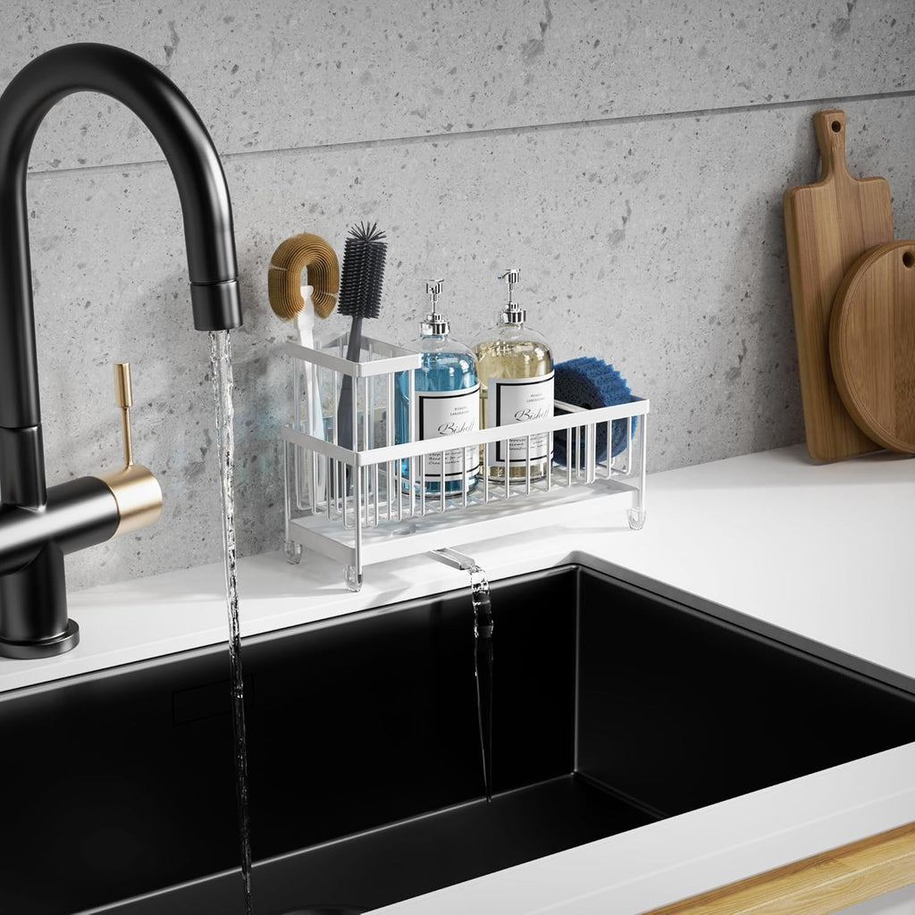 Moforoco Extra Large Kitchen Sink Caddy, Rustproof Sponge Holder for Kitchen Sink with High Brush Holder, Stainless Steel White Kitchen Caddy Sink Countertop Organizer, Sponge Caddy for Kitchen Sink