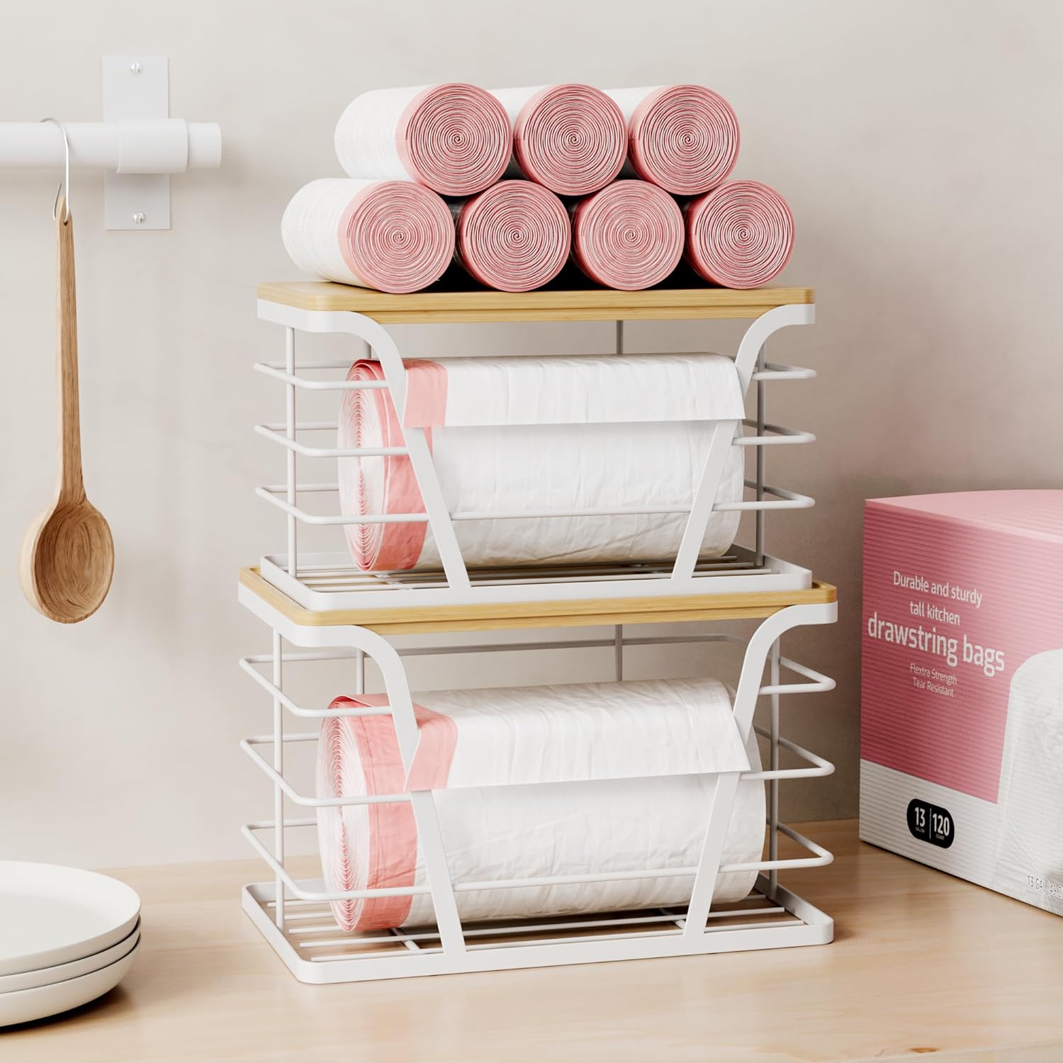 2 Pack Stackable Laundry Room Organization and Storage, Laundry Room Decor and Accessories, Trash Bag Holder with Bamboo Top and Garbage Bag Dispenser, White