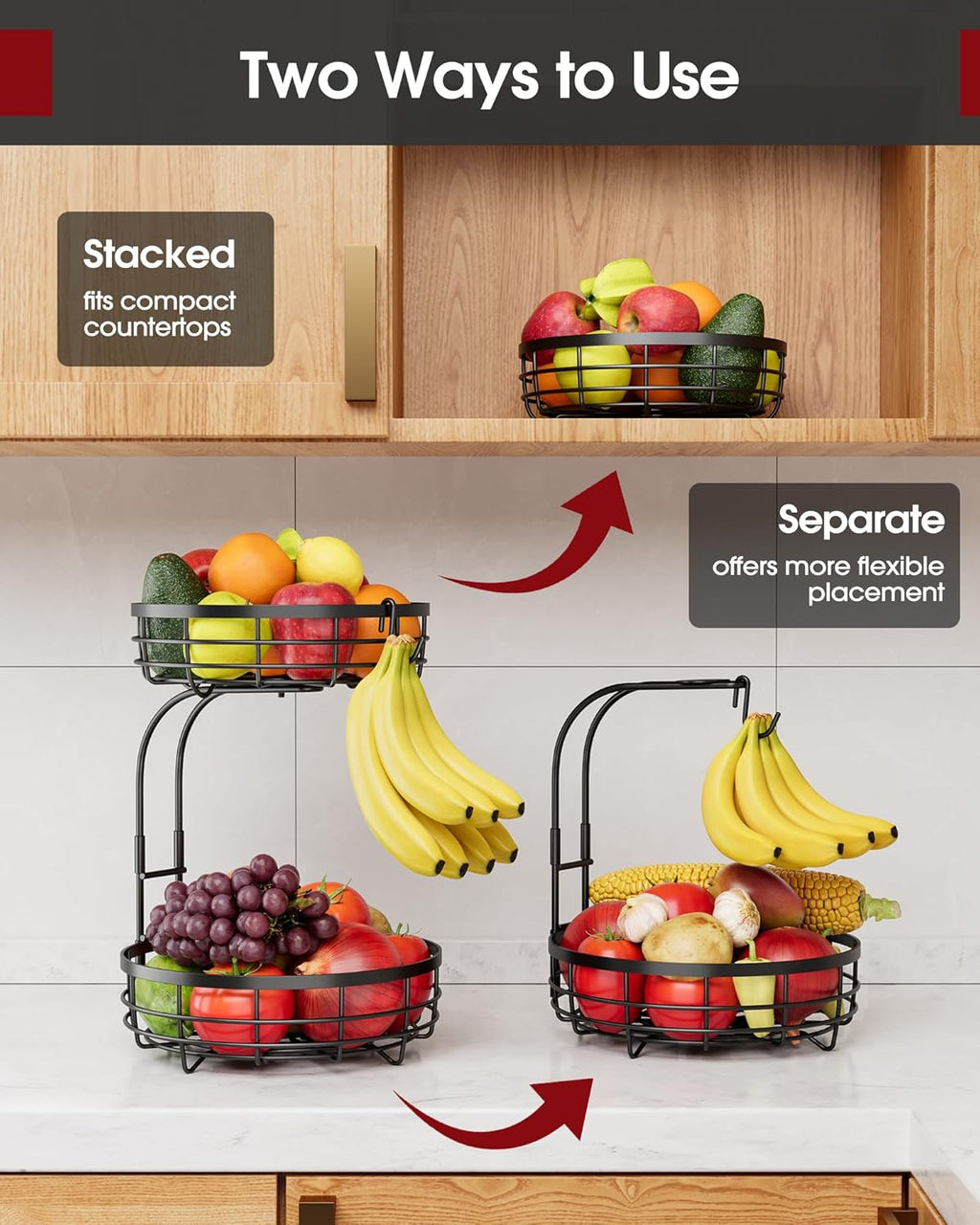 Fruit Basket for Kitchen Counter - 2-Tier Large Capacity Fruit Bowl with Detachable Banana Hanger, Rust-Proof Metal Fruit Holder for Vegetables, Bread, Toiletry,10" D x 10" W x 14" H, Black