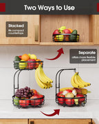 Fruit Basket for Kitchen Counter - 2-Tier Large Capacity Fruit Bowl with Detachable Banana Hanger, Rust-Proof Metal Fruit Holder for Vegetables, Bread, Toiletry,10" D x 10" W x 14" H, Black