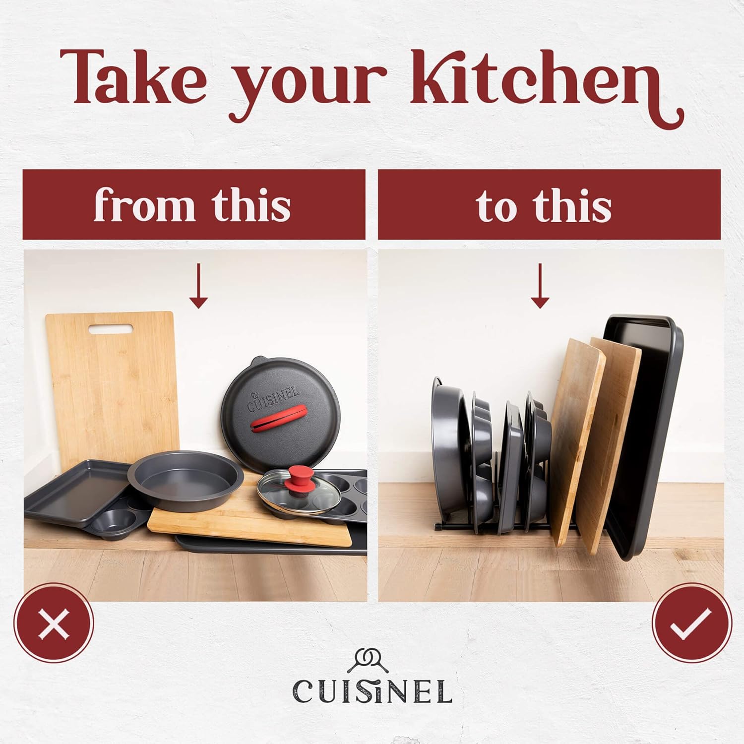 Cuisinel Lid and Dish Organizer Rack - 2-Pack Satin Nickel Kitchen Storage Organization Stand - Plate Holder, Pan/Pot Covers, Cutting Board and Cookie Sheet Divider - 7-Tier Cabinet/Counter Display