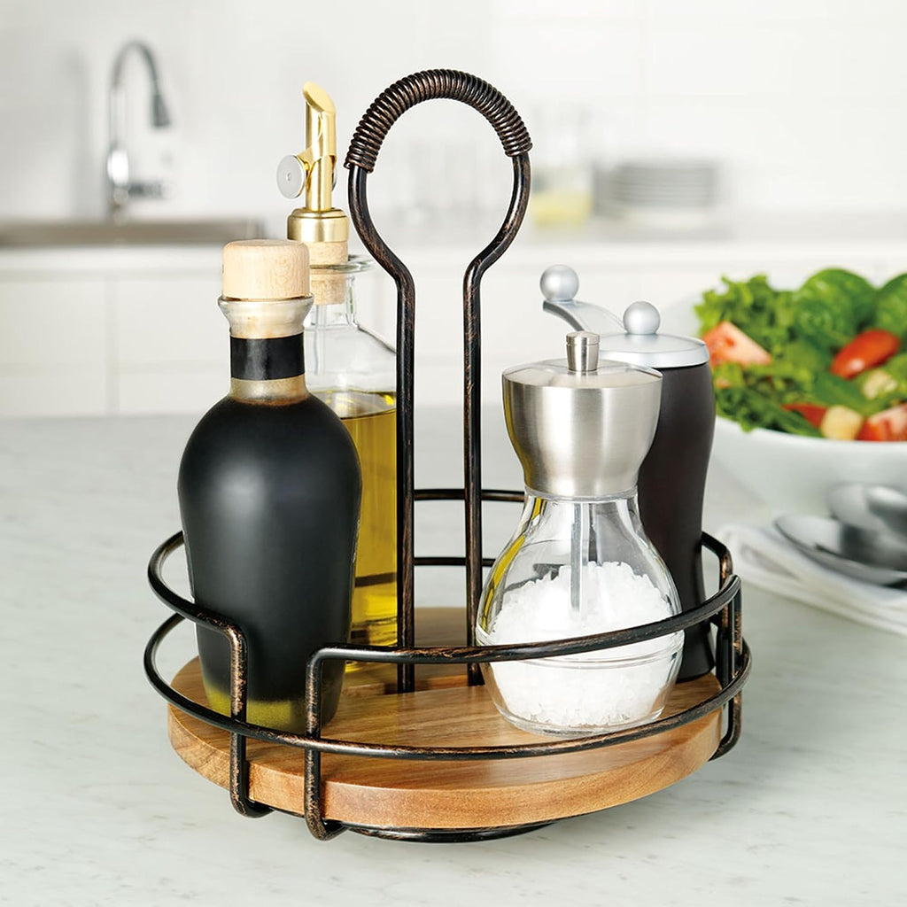Mikasa Gourmet Basics Hanover Condiment Caddy with Rotating Caddy Organizer Design, Acacia Wood Insert - Durable, BPA-Free, Heavy-Gauge Carbon Structured Steel for Condiment Storage