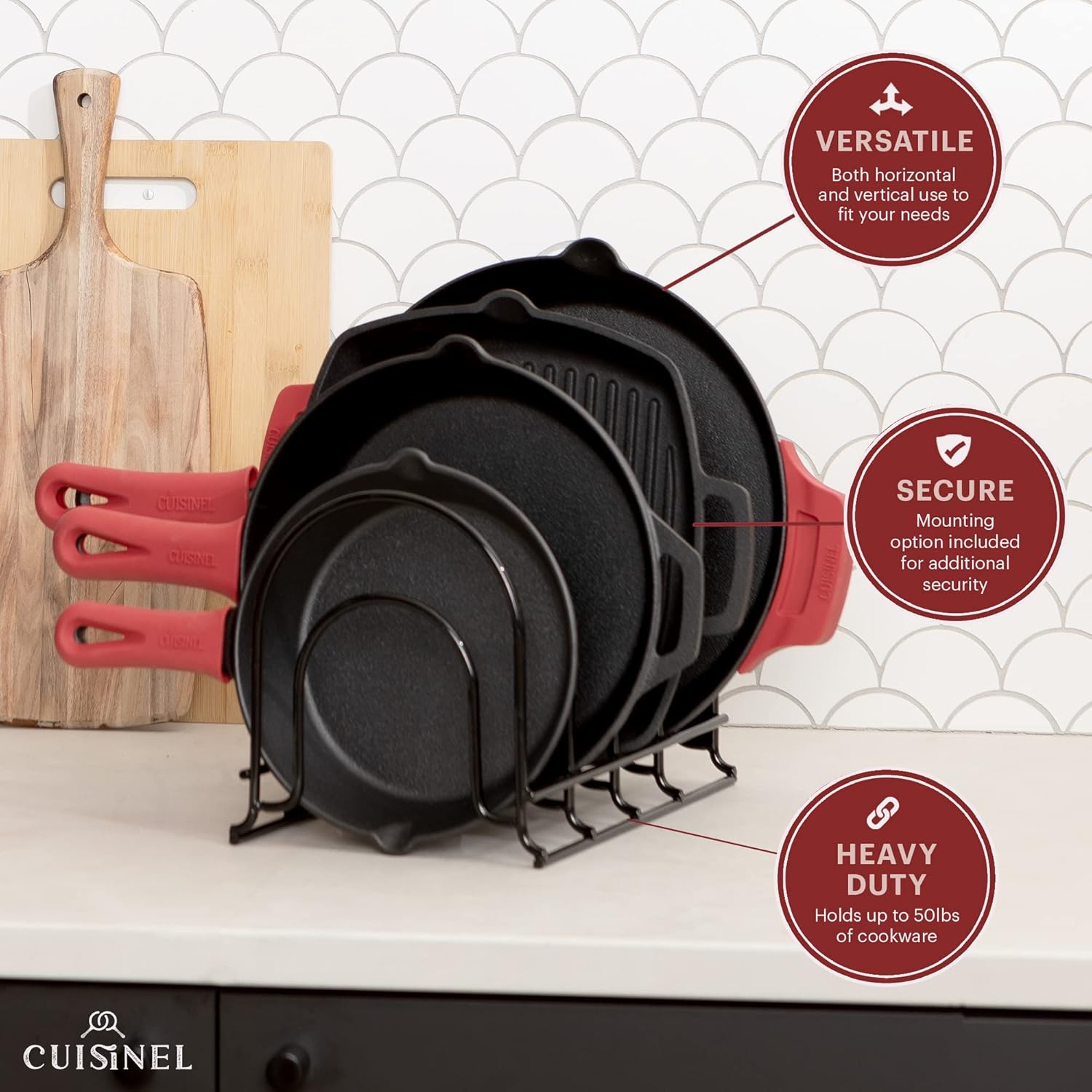 Pan Organizer - 2-PACK of Silicone-Coated Non-Slip 15" Heavy Duty Skillet Rack - Kitchen Counter/Cabinet Organization Storage - Holder for Cookie Sheet, Cutting Board, Cast Iron Cookware, Dish Stand