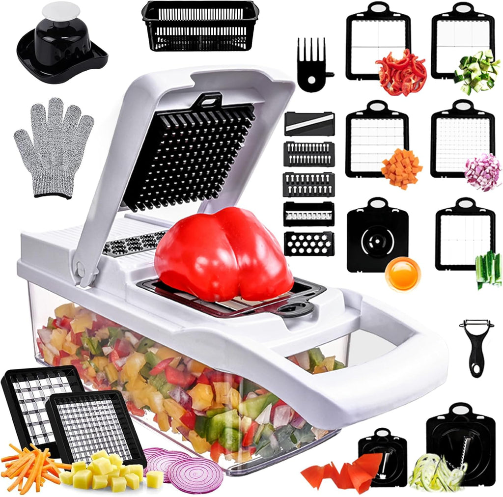 Vegetable Chopper,25 in 1 Multifunctional Food Chopper with Container,Kitchen Vegetable Slicer Dicer Cutter,Veggie Chopper Fruit Salad Potato,13 Blade Stainles Steel Blades（White）