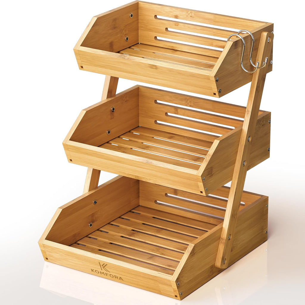 Bamboo Fruit Basket 3-Tier - Premium Produce Basket for Kitchen w/ 2 Hangers - Durable & Easy to Assemble Stand for Countertop - Perfect Holder for Vegetables, Bread, Snacks & More