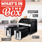 Gourmia Dual Basket Digital Air Fryer – 10 QT, FryForce 360° Technology, 7 Presets, Match Cook & Smart Finish, PTOA-Free Baskets & Crisper Trays, 1600W, Black
