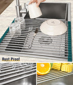 Tomorotec Stainless Steel Roll Up Dish Drying Rack, Foldable Over The Sink Rolling Drainer Rack, Multipurpose Kitchen Gadget Draining Caddy Organizer, Space Saving Sink Accessory Storage Shelf Holder