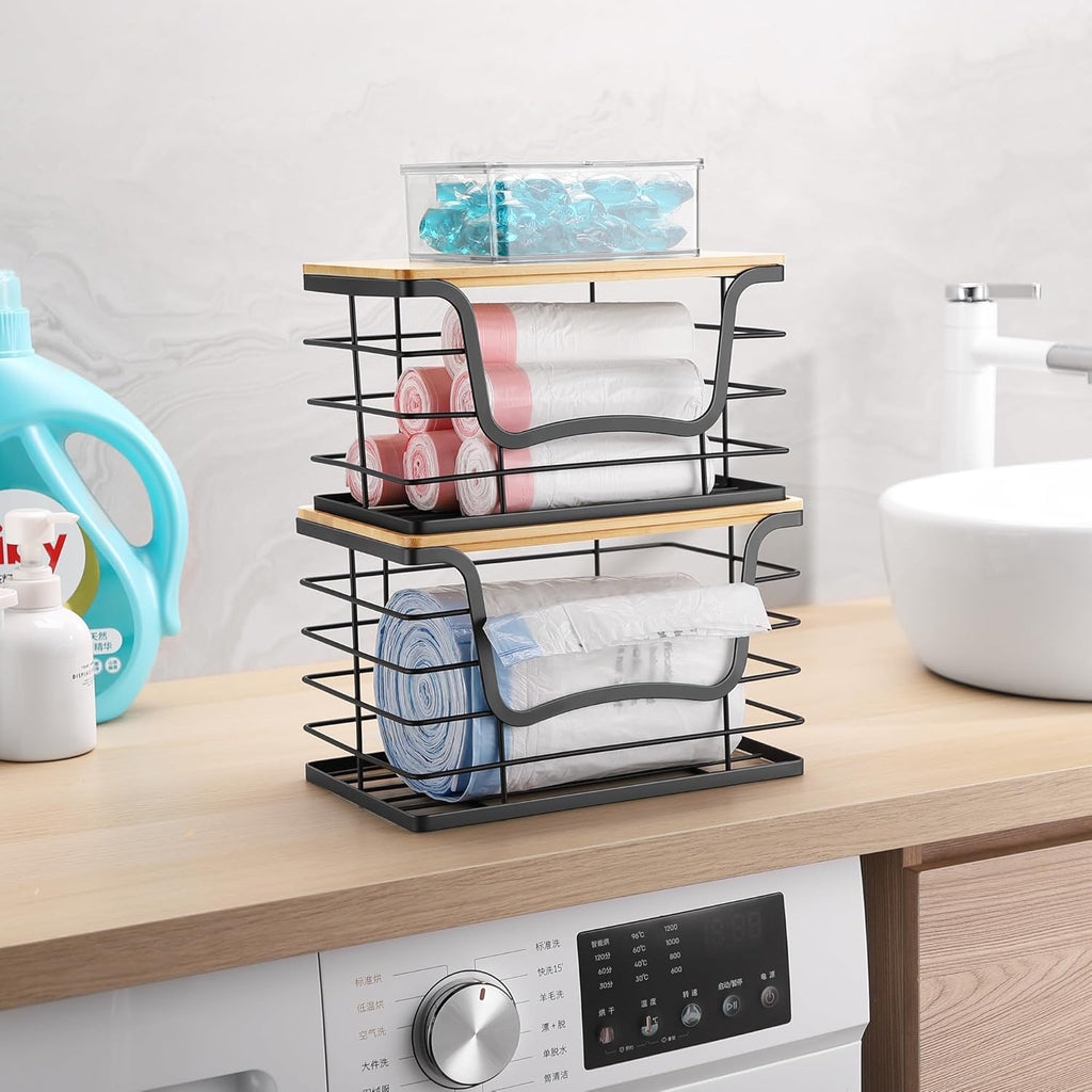 Trash Bag Dispenser Holder for Kitchen 2 Pack Laundry Room Trash Bag Holder Wall Mount Garbage Bag Dispenser Stackable Roll Holder with Bamboo Top for Countertop, Under Sink