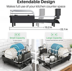 SNTD Dish Drying Rack, Expandable Dish Rack for Kitchen Counter, Stainless Steel Dish Drainer with Drainboard Set and Utensil Holder (Black)