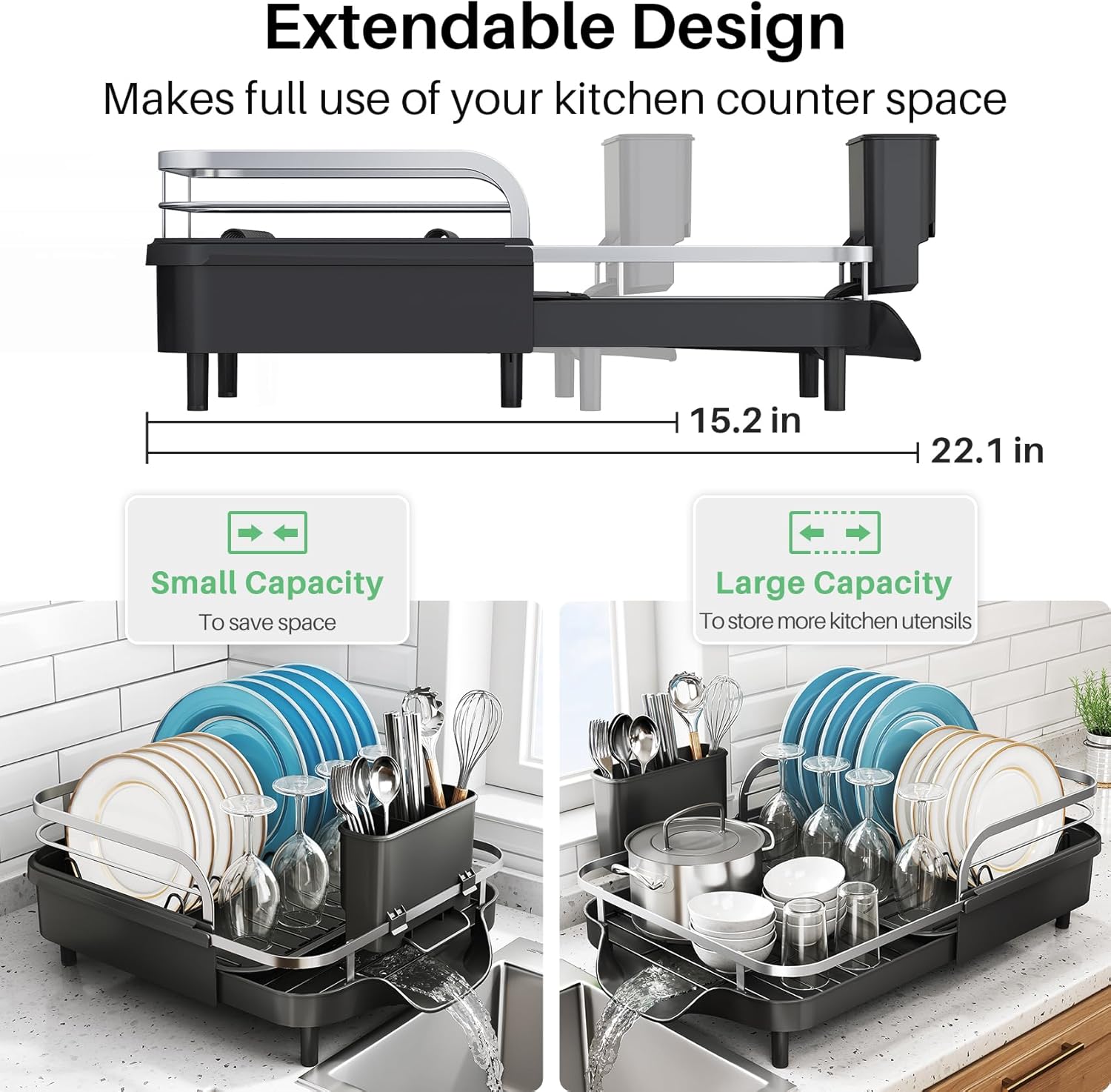SNTD Dish Drying Rack, Expandable Dish Rack for Kitchen Counter, Stainless Steel Dish Drainer with Drainboard Set and Utensil Holder (Black)