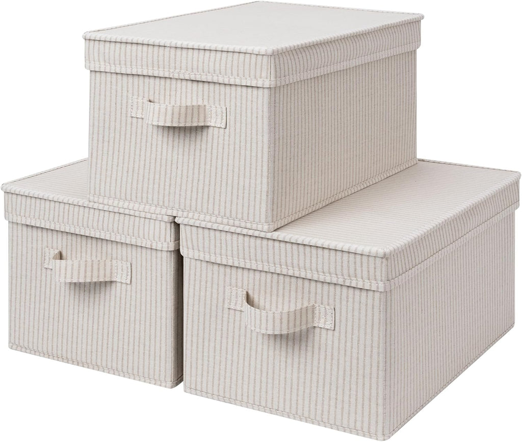 StorageWorks Large Storage Bins with Lids, Decorative Storage Boxes with Lid and Handles, Foldable Storage Baskets for Closet, Shelves, Stackable, Khaki Stripe, 3-Pack