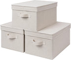 StorageWorks Large Storage Bins with Lids, Decorative Storage Boxes with Lid and Handles, Foldable Storage Baskets for Closet, Shelves, Stackable, Khaki Stripe, 3-Pack