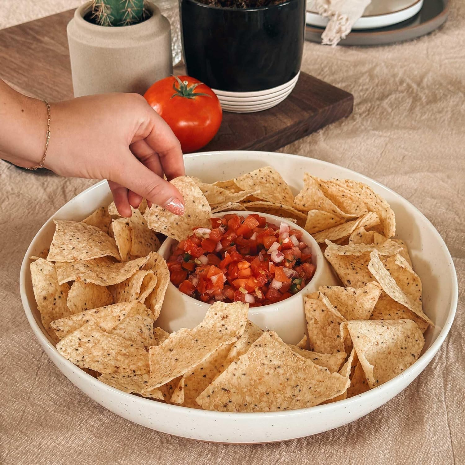 Mora Ceramic Chips and Dip Serving Tray: Large Divided Party Bowl Set for Chips & Salsa, Veggies & Dip, Fruit, Snacks, Entertaining, Hosting, etc. Minimalist Design for the Modern Hostess - White