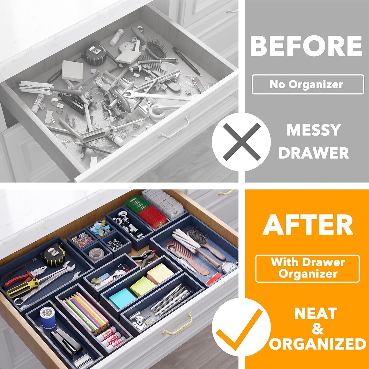 SpaceAid 14-Piece Bamboo Drawer Organizer Storage Boxes Set, Wood Tray Junk Drawer Organizers Multi-Use Divider Bins for Kitchen, Bathroom, Office Desk and Makeup Organization (14 Pack, Navy Blue)