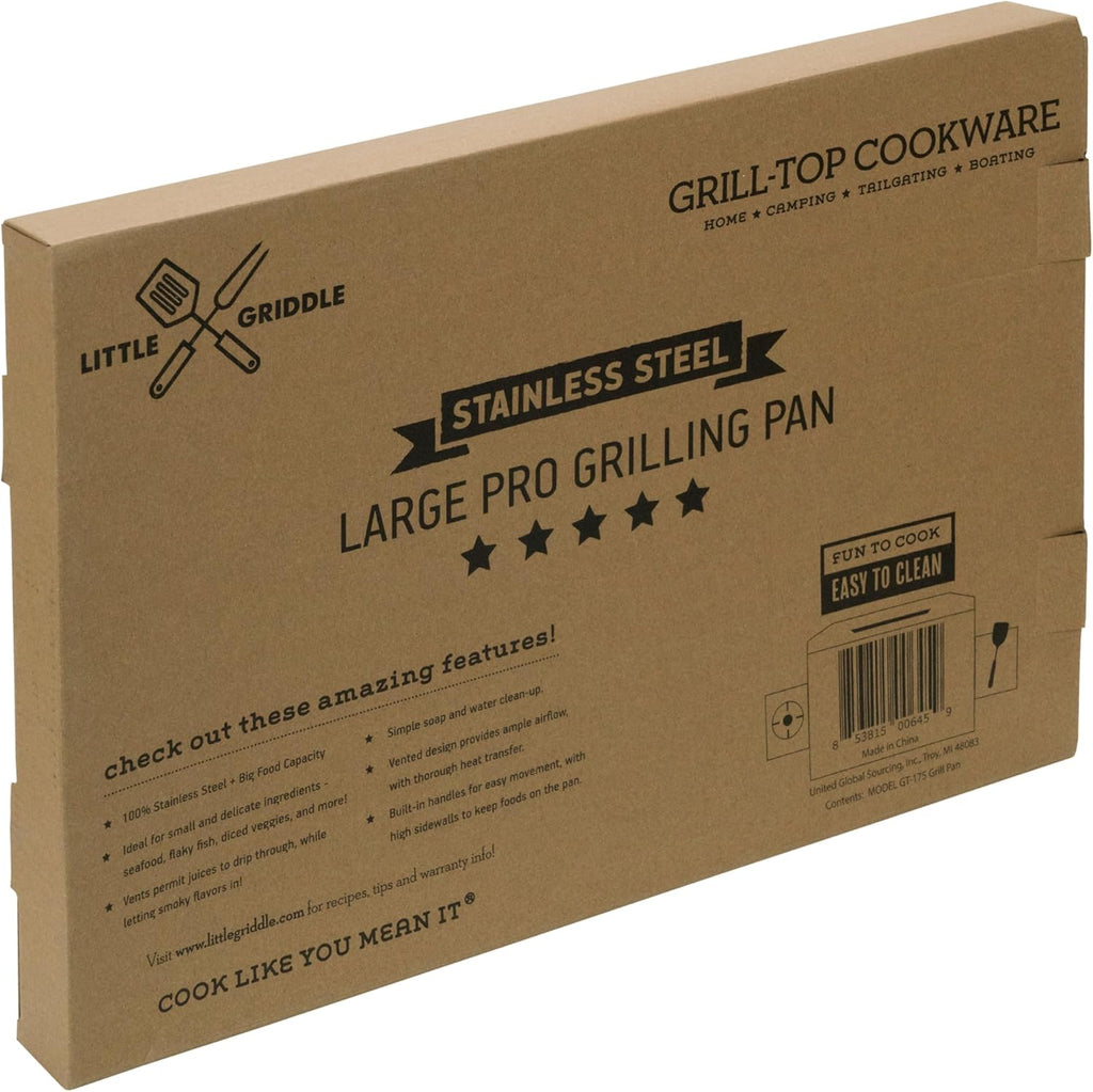 LITTLE GRIDDLE GT-525 Grill Pan and Grill Basket Set, High Sidewalls with Built-in Handles, Stainless Steel & Vented Design - Silver