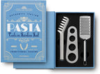Printworks The Essentials, Pasta Tools – Pasta Kit with Spaghetti Tong, Spaghetti Measurer & Grater in Bright Blue Book-Style Case