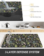 Rnivvi Dish Drying Mat for Kitchen Counter, XL 15 x 24" Cute Flower Theme Super Absorbent Drainer Pad, Non-Slip Heat Resistant Coffee Bar Mat for Coffee Machine Station Accessories,Black Dish Rack Pad