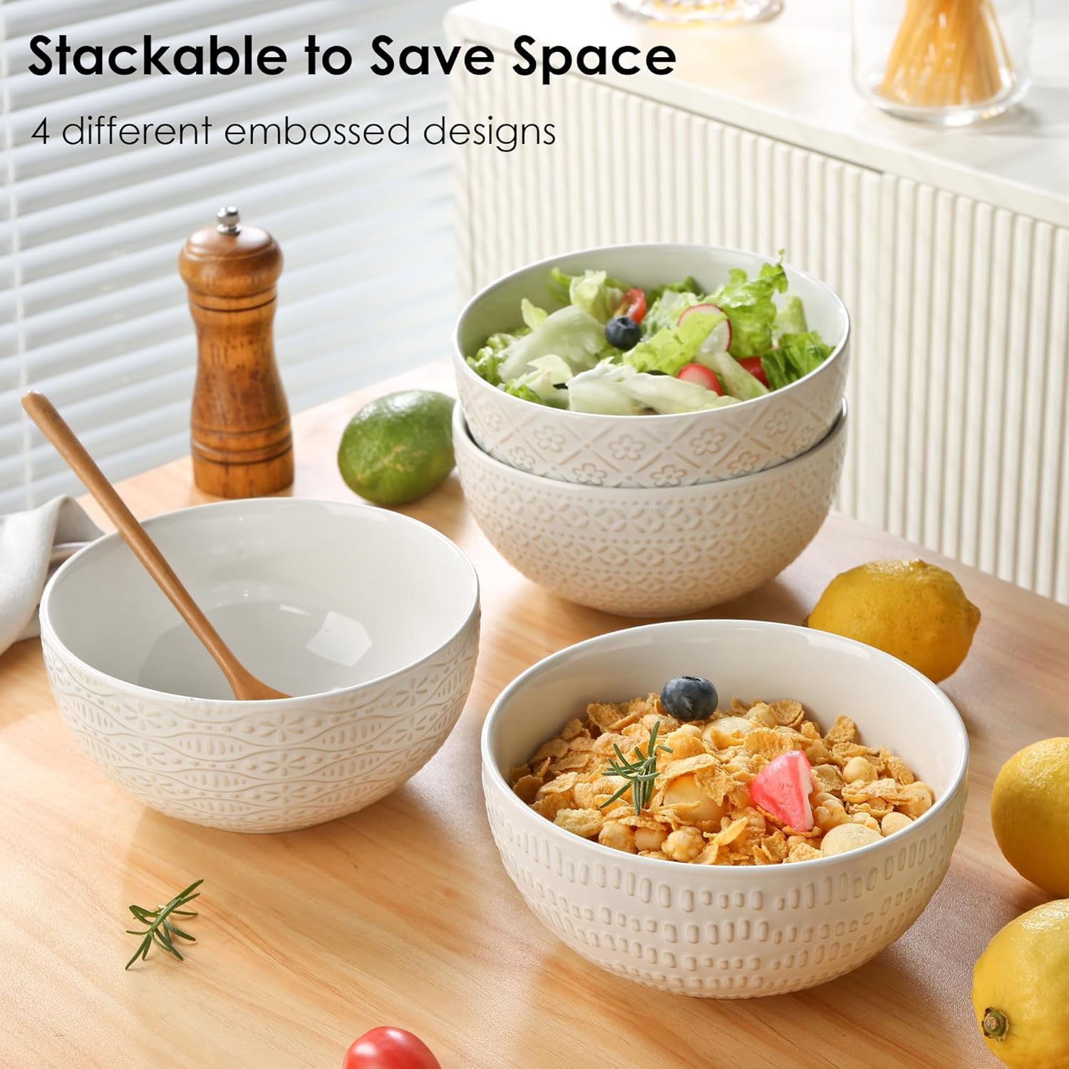 40 OZ Large Cereal Bowls Set of 4, Farmhouse Embossment Ceramic Salad Bowls for Soup, Serving, Fruit, Snack, Noodle, Ramen, Pho, Microwave & Dishwasher Safe, 6.7 Inch White