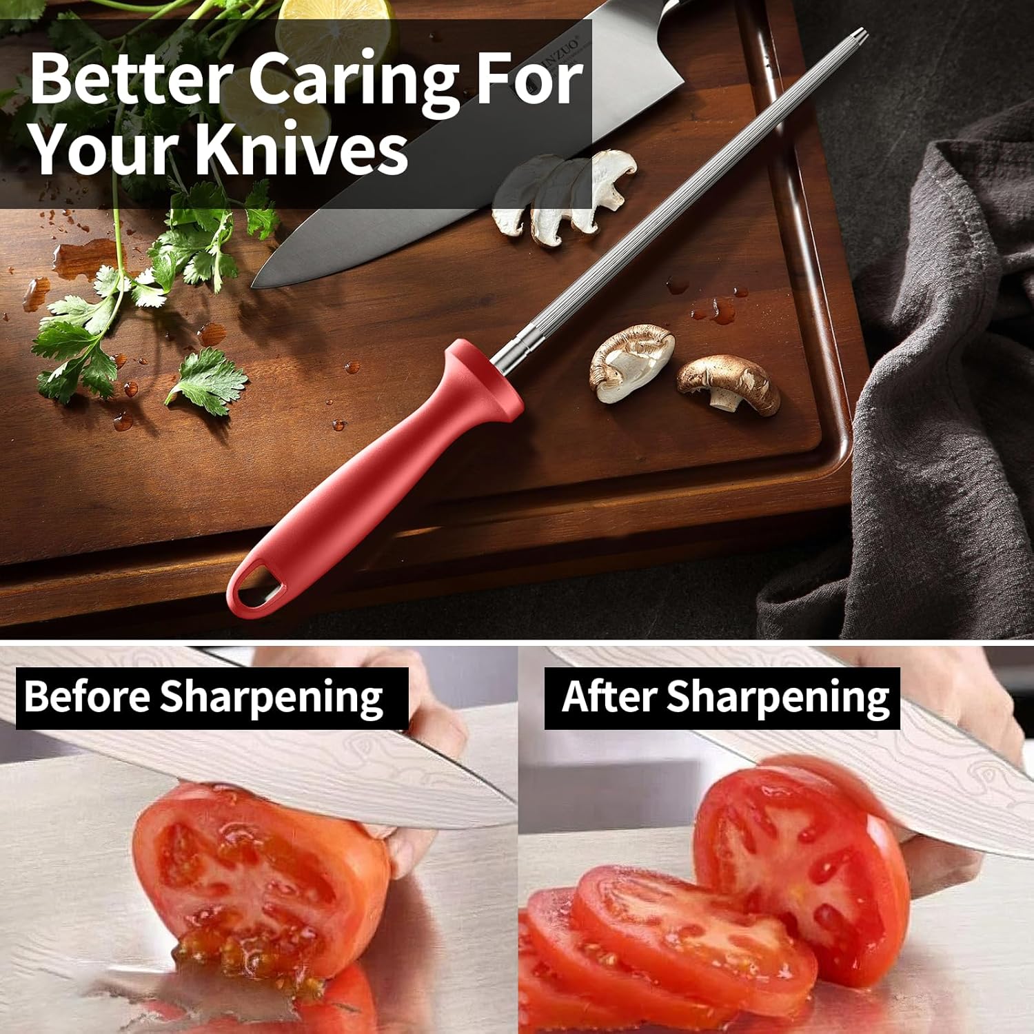 Knife Sharpener Rod, Kitchen Knives Sharpener Carbon Steel Professional Knife Sharpening Steel, Red Diamond Honing Rod with Hanging Holes (13 inches)