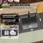 Black Kitchen And Bar Sink, 25x22 Inch Stainless Steel Drop In Kitchen Sink Modern Single Bowl Topmount Bar Sink Combo-Silicon Mat,Drain Strainer Set Compatibility With Various Kitchen & Bar Style