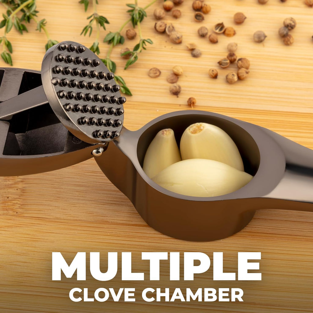 Zulay Kitchen Large Premium Garlic Press Set – Rust Proof & Dishwasher Safe, Bigger Bowl Garlic Mincer Tool with Silicone Garlic Peeler & Brush, Easy Squeeze & Clean, Ergonomic Handle - Dark Gray