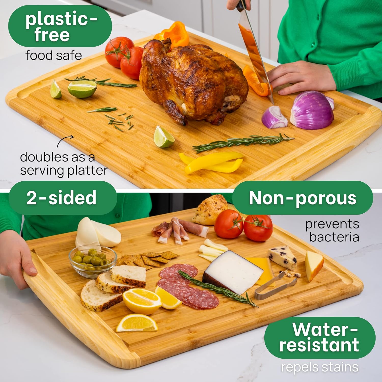 GREENER CHEF 24 Inch Bamboo Cutting Board with Lifetime Replacement - 2XL Extra Large Wooden Butcher Block for Kitchen, Stove Top, Meat, Vegetables, and Charcuterie with Deep Juice Grooves