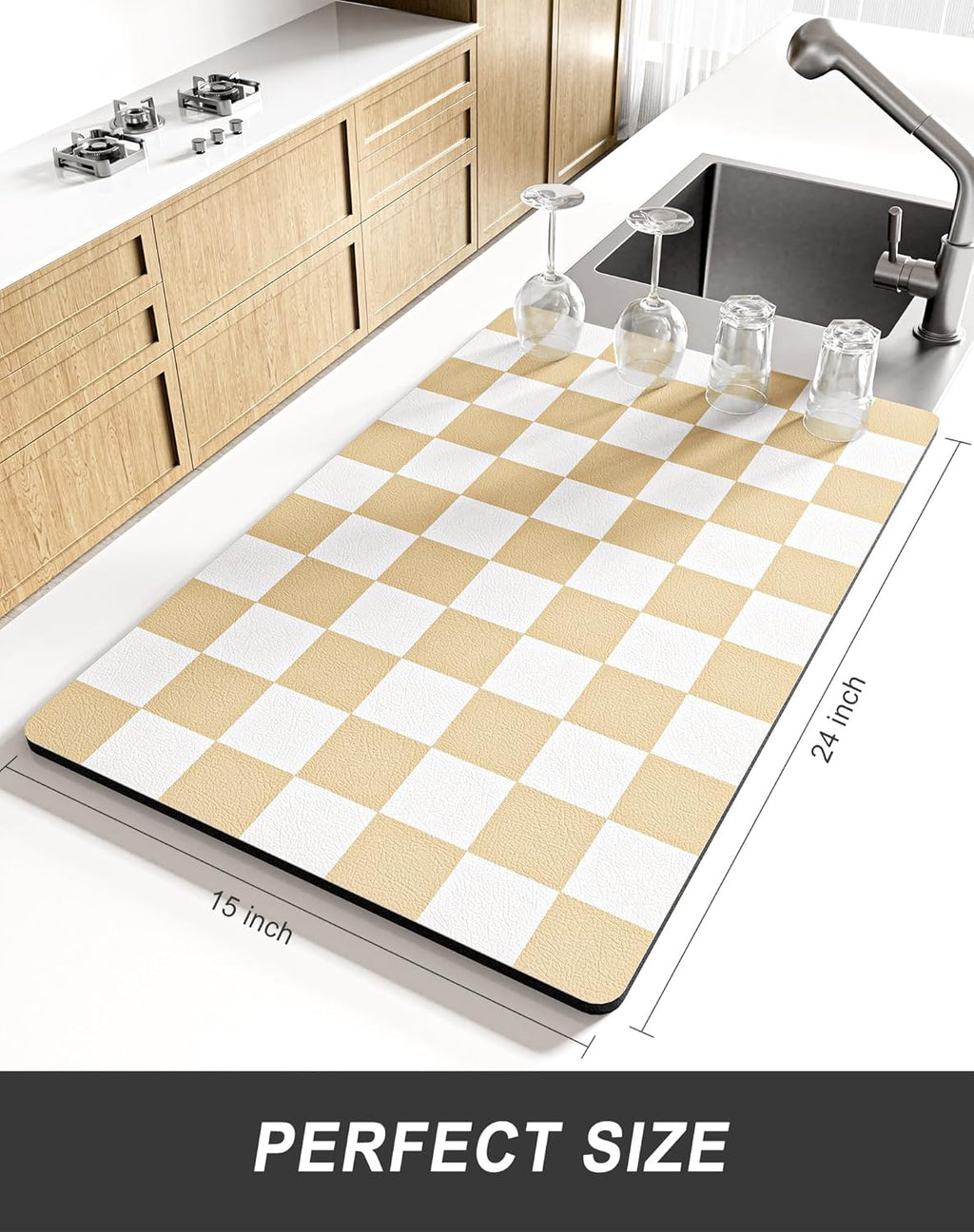 Rnivvi Dish Drying Mat for Kitchen Counter, XL 15 x 24" Cute Checkered Absorbent Draining Pad, Non-Slip Heat Resistant Coffee Bar Mat for Coffee Machine Station Accessories, Beige White Dish Rack Pad