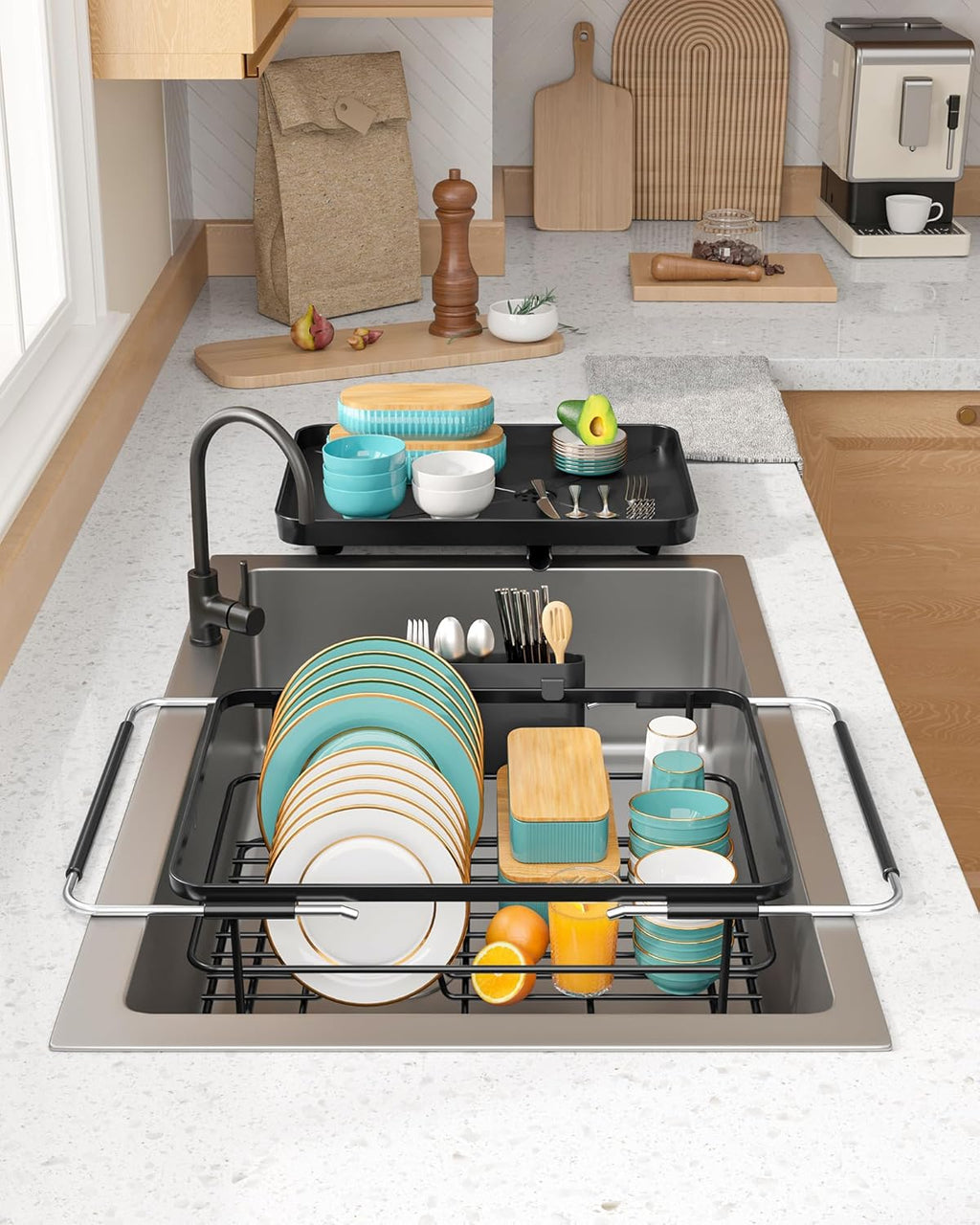 Over Sink Dish Drying Rack with Drain Board, Stainless Steel 2 in 1 Sink Organization and Storage, Dish Drainer for Kitchen Counter, Home and Apartment Essentials, 12" W x 16.1~23" L, Black