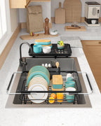 Over Sink Dish Drying Rack with Drain Board, Stainless Steel 2 in 1 Sink Organization and Storage, Dish Drainer for Kitchen Counter, Home and Apartment Essentials, 12" W x 16.1~23" L, Black