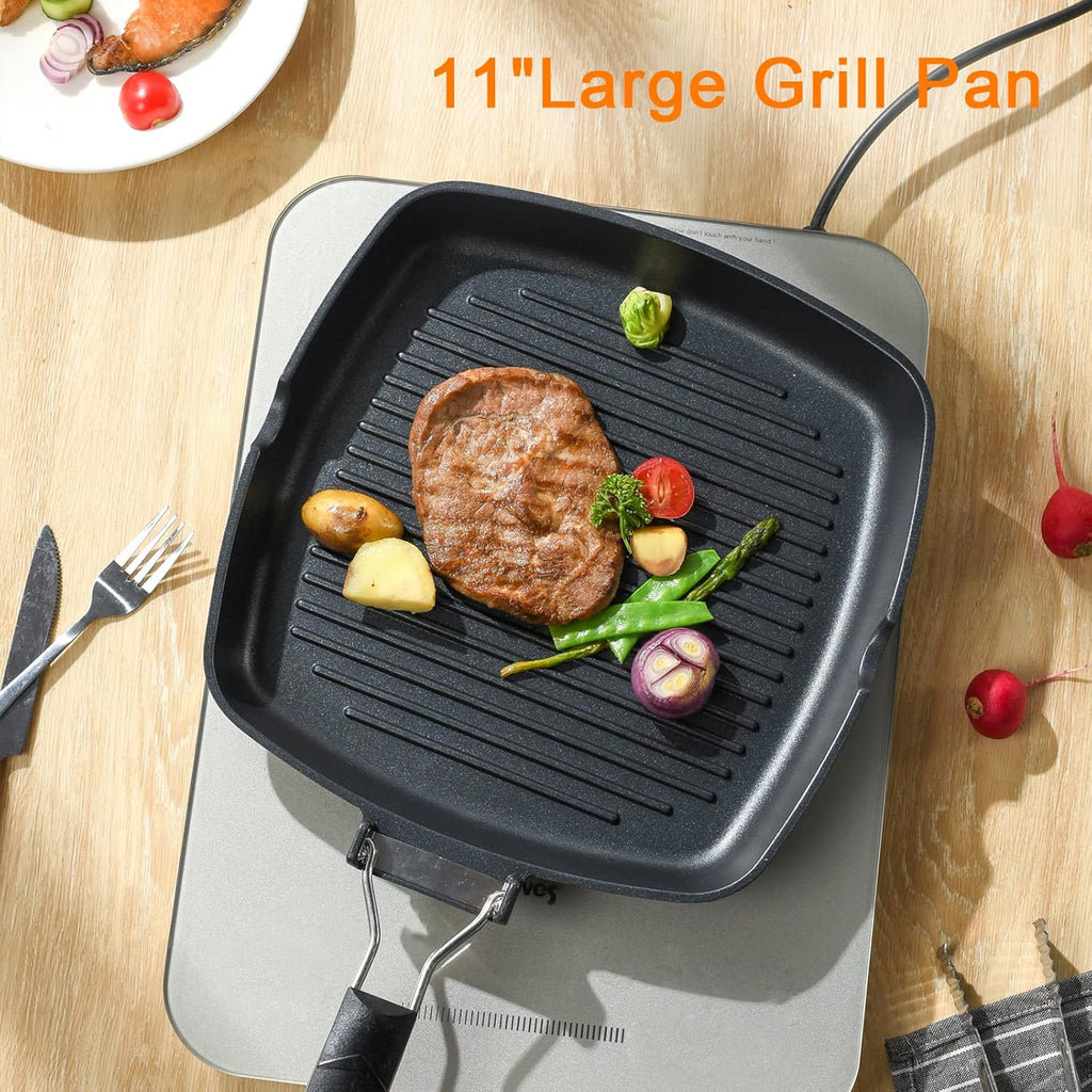 SKITCHN Nonstick Grill Pan With Folding Handle - Induction Compatible KBBQ Pan for Stove Tops, Indoor Square BBQ Grilling With Pour Spouts - 11 in
