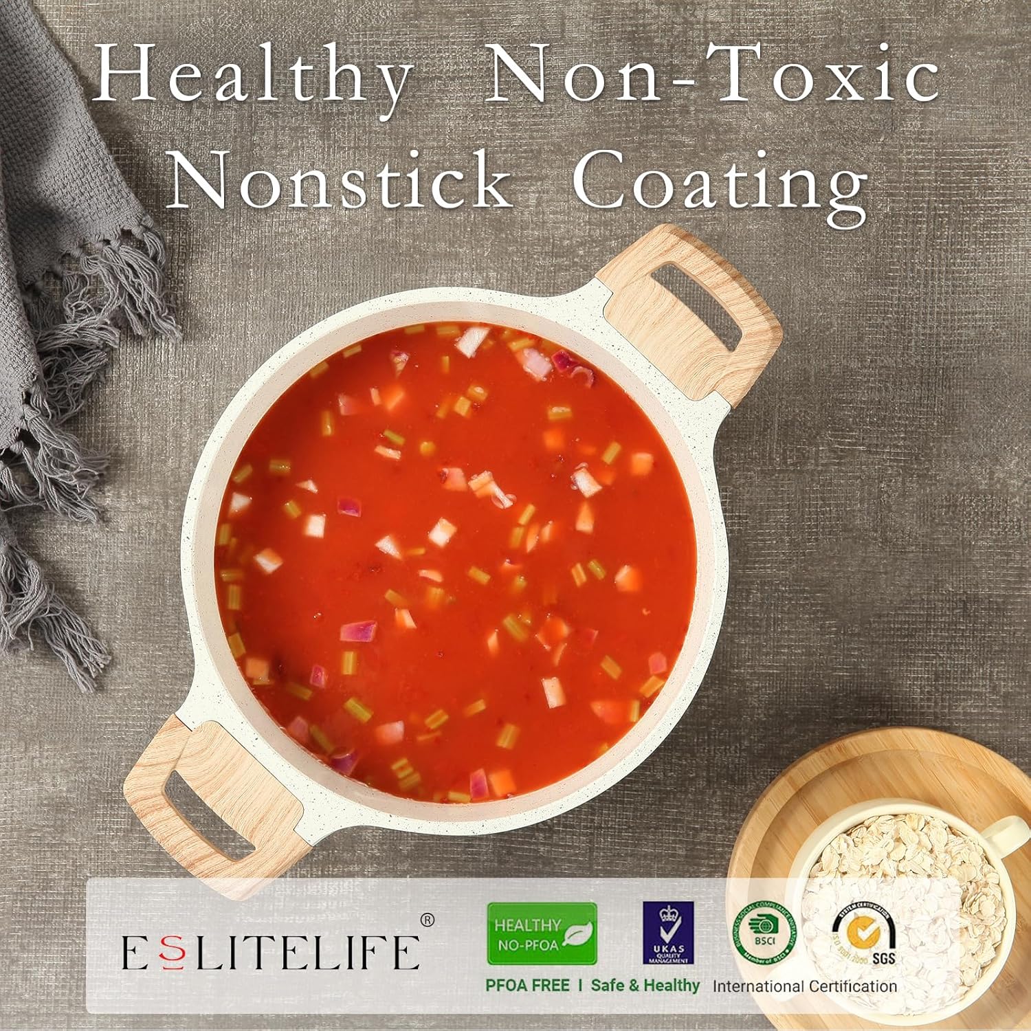 ESLITE LIFE Nonstick Stock Pot with Lid, 7 Quart Granite Casserole Large Soup Pot Pasta Cooking Pot, Induction Compatible, PTFE & PFOA Free, White