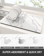 Rnivvi Dish Drying Mat for Kitchen Counter, 12 x 19" Cute Marble Super Absorbent Draining Pad, Non-Slip Heat Resistant Coffee Bar Mats for Coffee Machine Station Accessories, White Dish Rack Pad