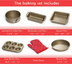 Moss & Stone 5 Piece Baking Pans Set, Carbon Steel Non-Stick PTFE Coating Oven Safe Baking Sheet Set, Bakeware Set With Heat Red Glove, Cookie Sheets For Baking Nonstick Set