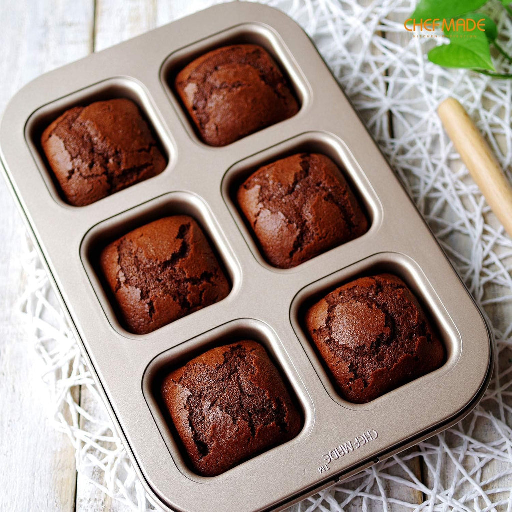CHEFMADE Brownie Cake Pan, 6-Cavity Non-Stick Square Muffin Pan Blondie Bakeware for Oven Baking (Champagne Gold)