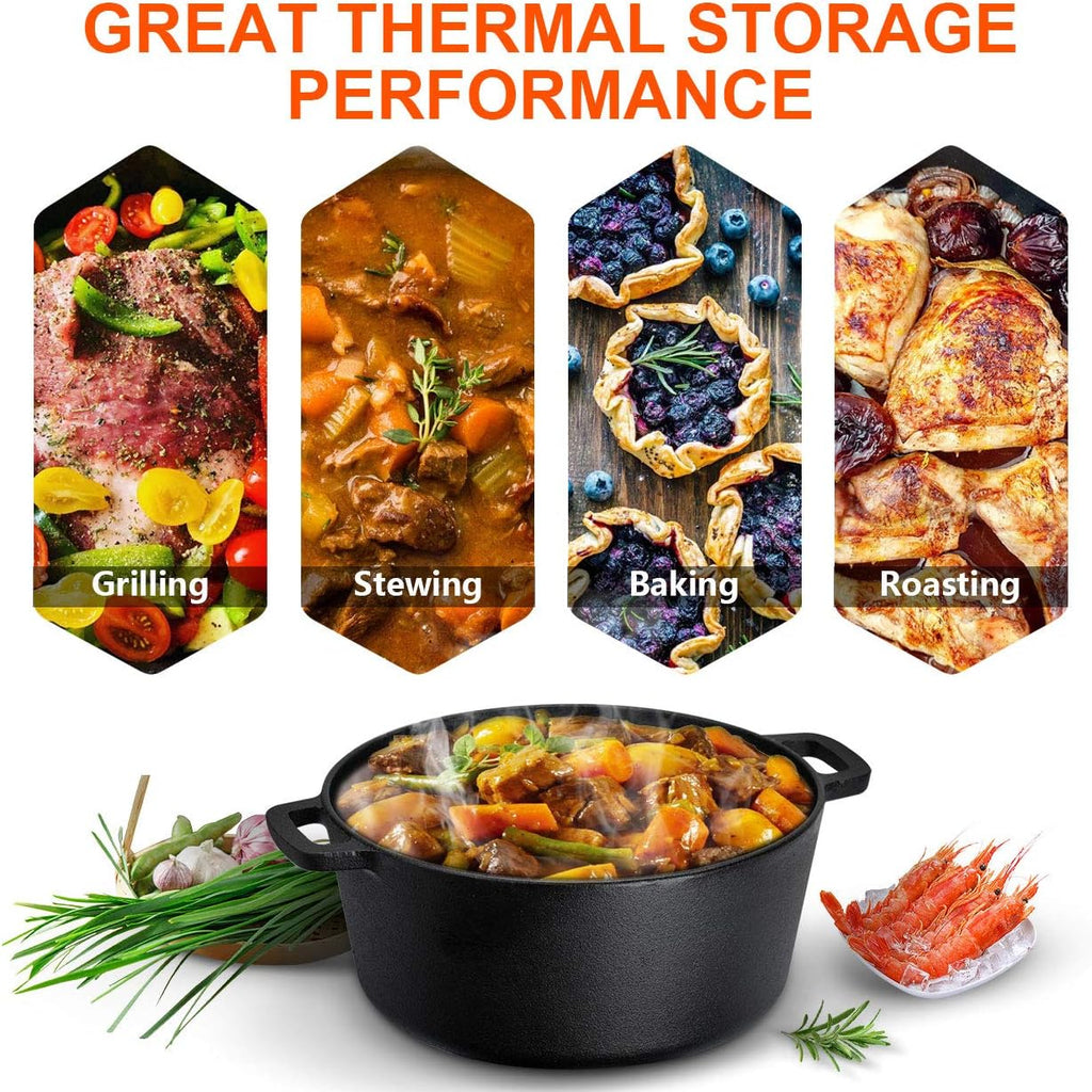 Overmont 2 in 1 Pre Seasoned Dutch Oven with Skillet Lid for Induction, Electric, Grill, Stovetop, BBQ, Camping (5 Quart)
