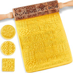 Christmas Wooden Rolling Pin for Baking Engraved Embossing Rolling Pin Cookie Stamps Roller Square Grid Cookies Mold Kitchen Decor Tools for Baking Embossed Cookies (European Fashion)