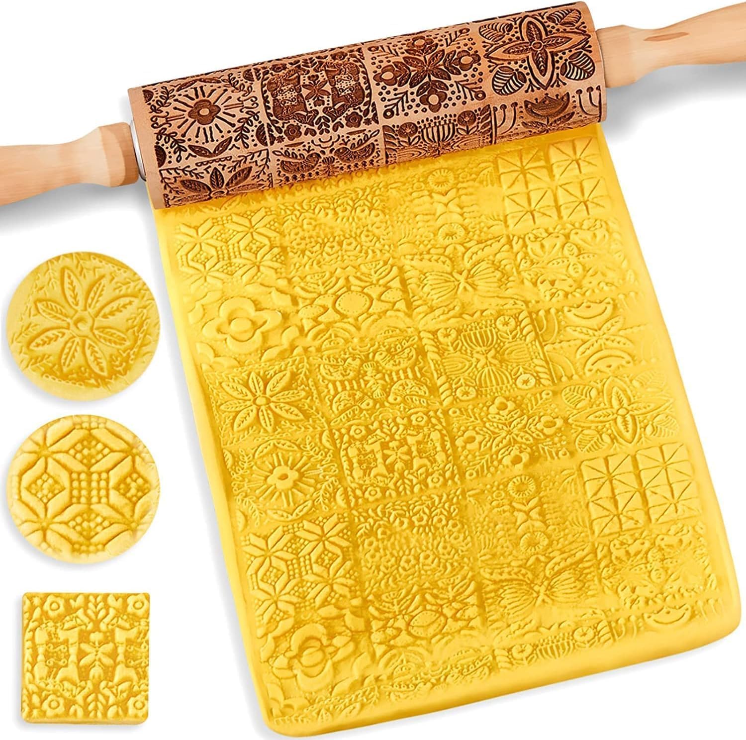 Christmas Wooden Rolling Pin for Baking Engraved Embossing Rolling Pin Cookie Stamps Roller Square Grid Cookies Mold Kitchen Decor Tools for Baking Embossed Cookies (European Fashion)