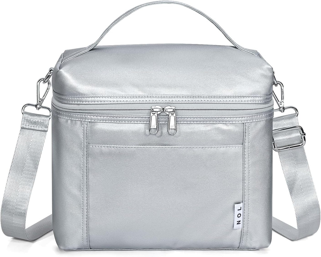 NOL Natural Organic Lifestyle Insulated Lunch Bags for Women Cooler Bag Lightweight Nylon Waterproof Lunch Box For Work (Silver, Medium(normal))