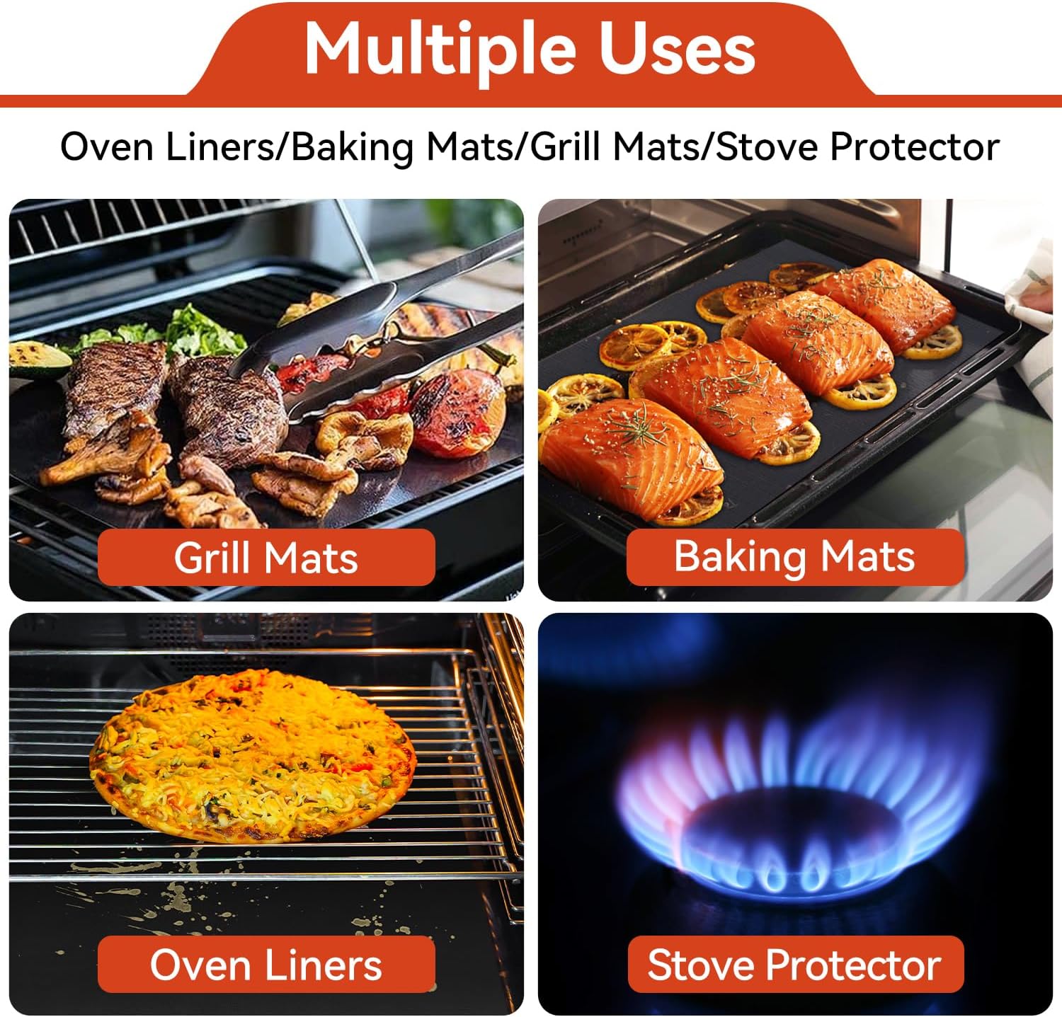 4Pack Oven Liners for Bottom of Electric Gas Oven, 23.6"x 15.7" Thick Heavy Duty Nonstick Teflon Oven Mat, Heat Resistant Grill Baking Mats Outdoor Easy to Clean Gas Stove Liners, BPA & PFOA Free