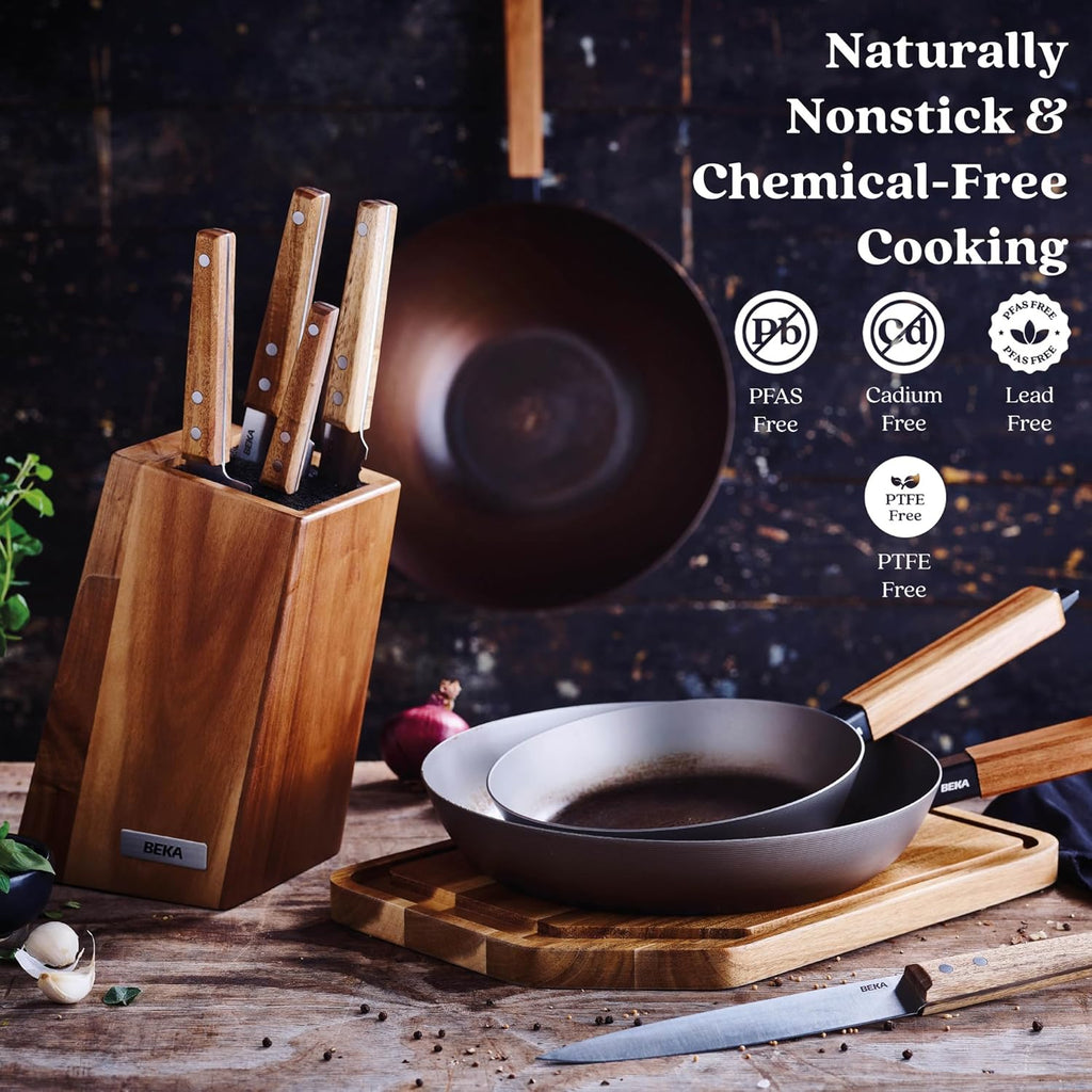 Alva Forest 9.5" Carbon Steel Frying Pan Pre-Seasoned, Lightweight Chef-Grade Skillet, Stay-Cool Acacia Handle, Natural Nonstick, Induction & All-Stove Compatible – Professional Restaurant Quality