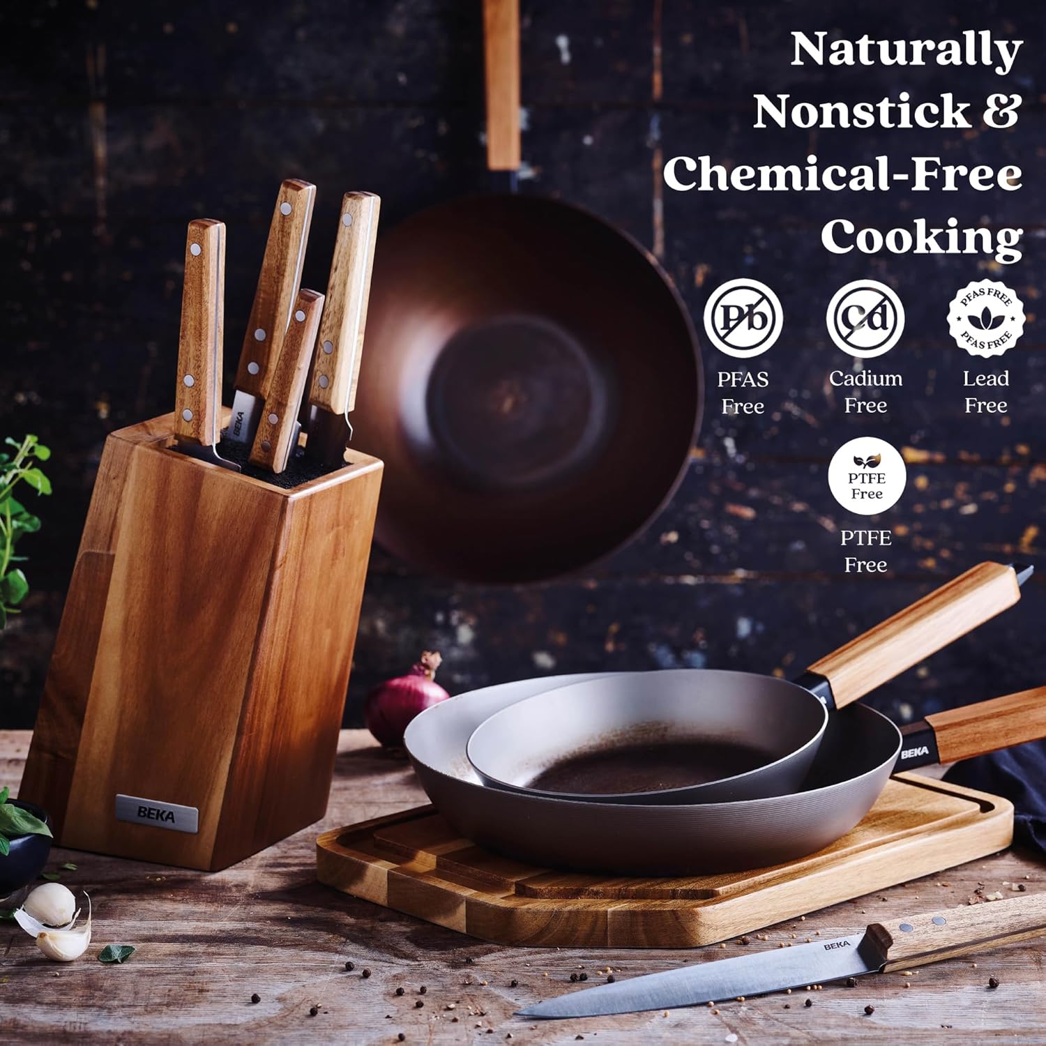 Alva Forest 9.5" Carbon Steel Frying Pan Pre-Seasoned, Lightweight Chef-Grade Skillet, Stay-Cool Acacia Handle, Natural Nonstick, Induction & All-Stove Compatible – Professional Restaurant Quality