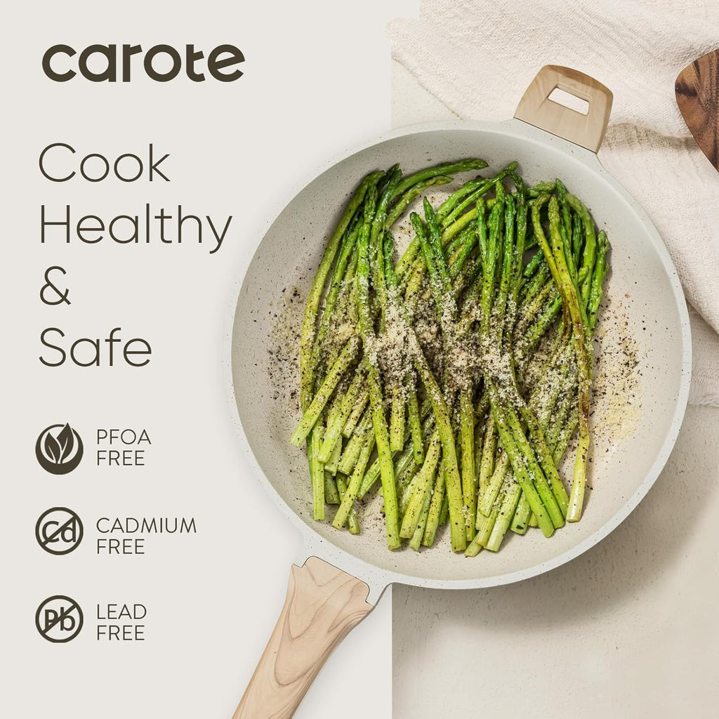 CAROTE 12.5 Inch Non Stick Frying Pan with Lid,White Granite Nonstick Skillet Omelet Pans, Egg Pan Granite Cookware, PFOS & PFOA Free