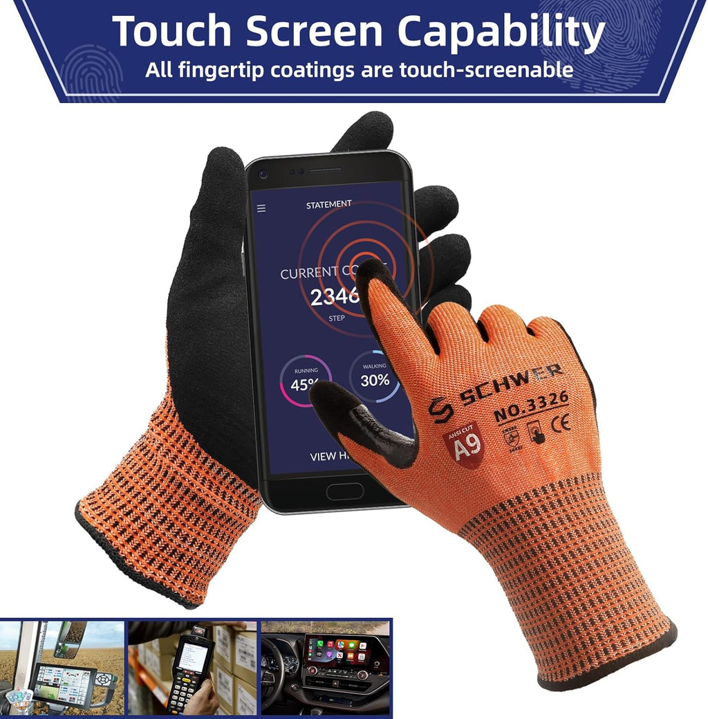 Schwer ProGuard Highest Level Cut Resistant Work Gloves PR3326 for Extreme Protection，ANSI A9 Cut Gloves with Reinforced Thumb, Non Slip, Breathable, Durable, Touch-screen, NON PFAS, Orange 1 Pair XL