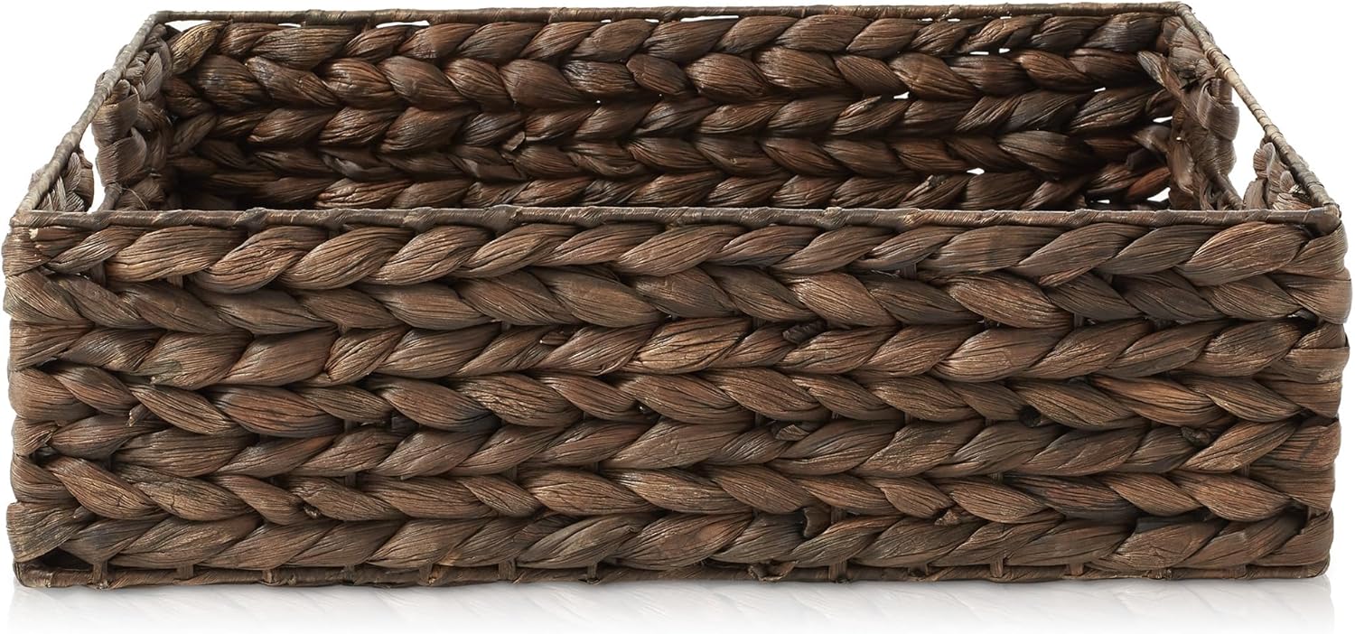 Casafield Set of 4 Water Hyacinth Pantry Baskets, 12-1/2" x 17" x 5", with Chalkboard Labels and Chalk Marker - Espresso, Woven Storage Bin Organizers for Kitchen Shelves