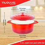 Cast Iron Dutch Oven with Lid – Non-Stick Ovenproof Enamelled Casserole Pot – Sturdy Dutch Oven Cookware – Red, 7.3-Quart, 30cm – by Nuovva