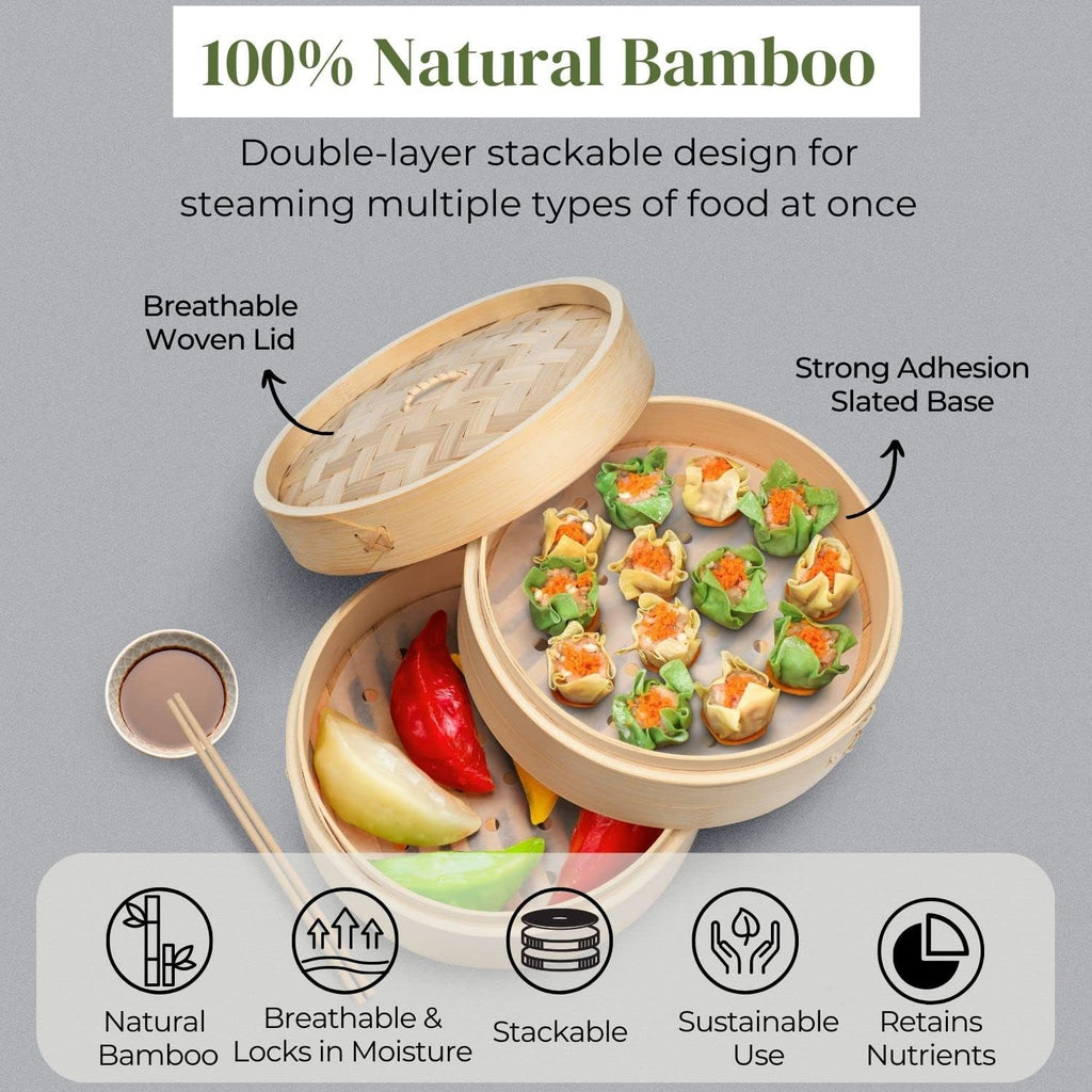 Flexzion Bamboo Steamer Basket Set (10 inch), 50 x Steamer Liners and 2 Pairs of Chopsticks, Steam Baskets for DimSum Dumplings, Rice, Vegetables, Fish and Meat