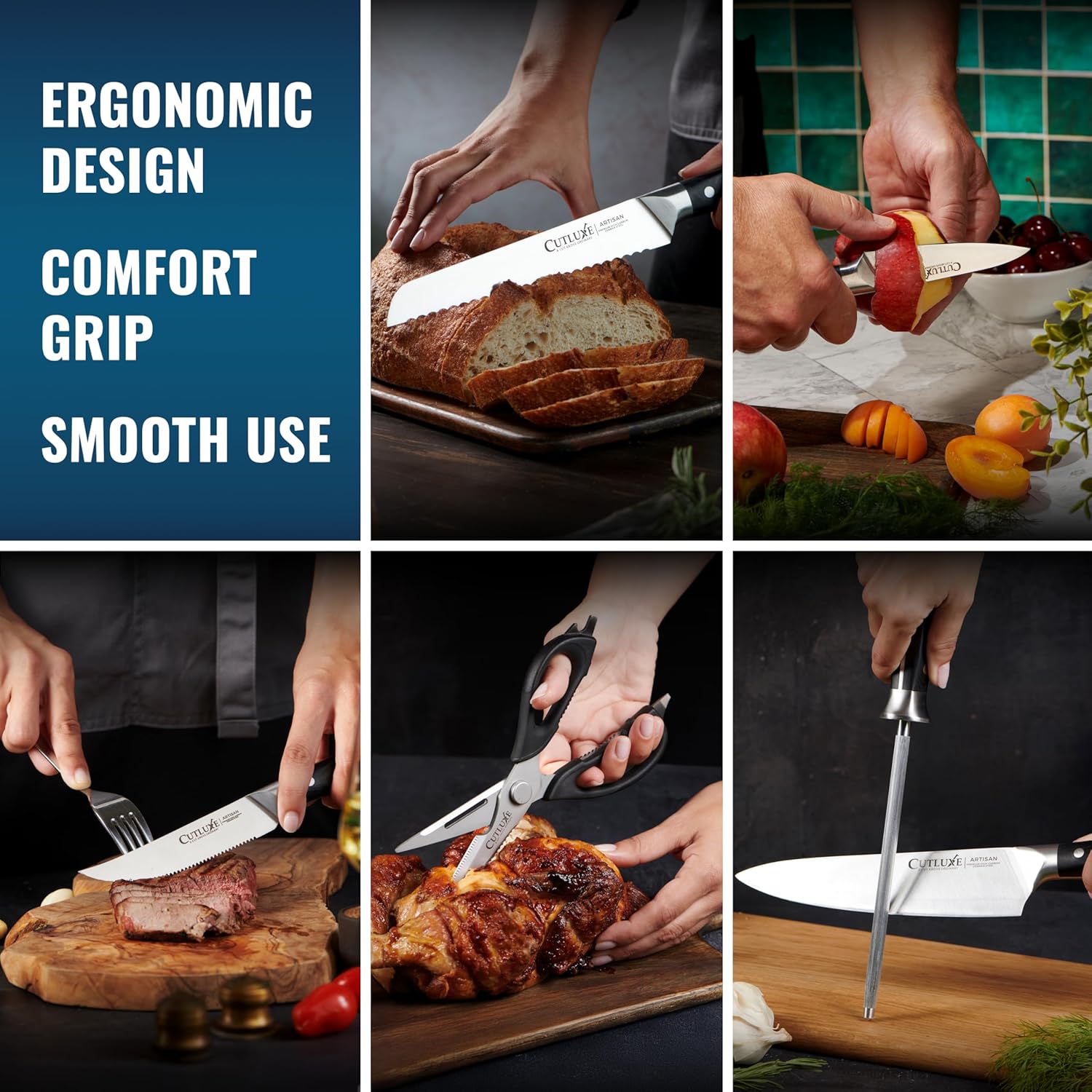 Cutluxe 15-Piece Knife Set – High Carbon German Steel Blades, Full Tang Design & Ergonomic Pakkawood Handles in Walnut Wood Block – Artisan Series