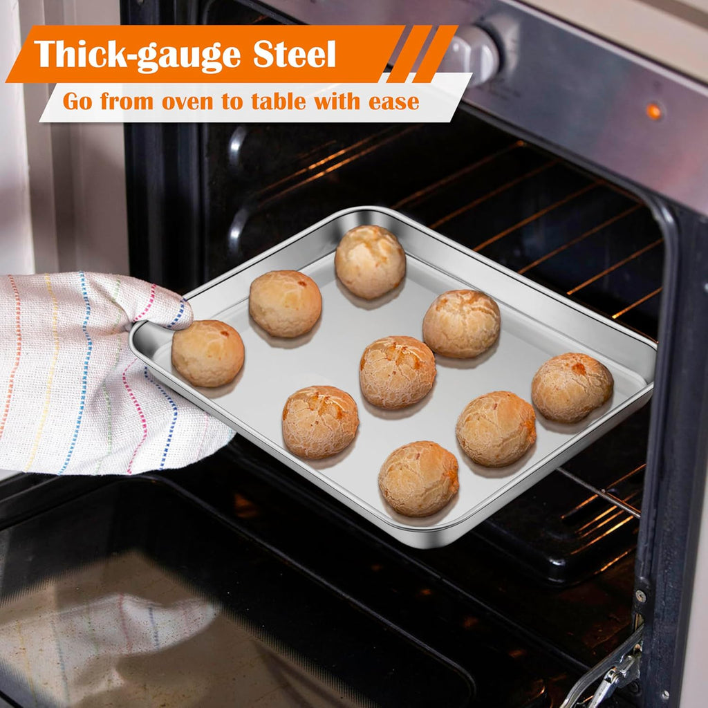 E-far Small Baking Sheet Set of 4, 10.5”x8.3” Stainless Steel Cookie Sheets Pans, Compact Non-toxic Metal Toaster Oven Trays for Cake, Healthy & Rust Free, Mirror Finish & Dishwasher Safe