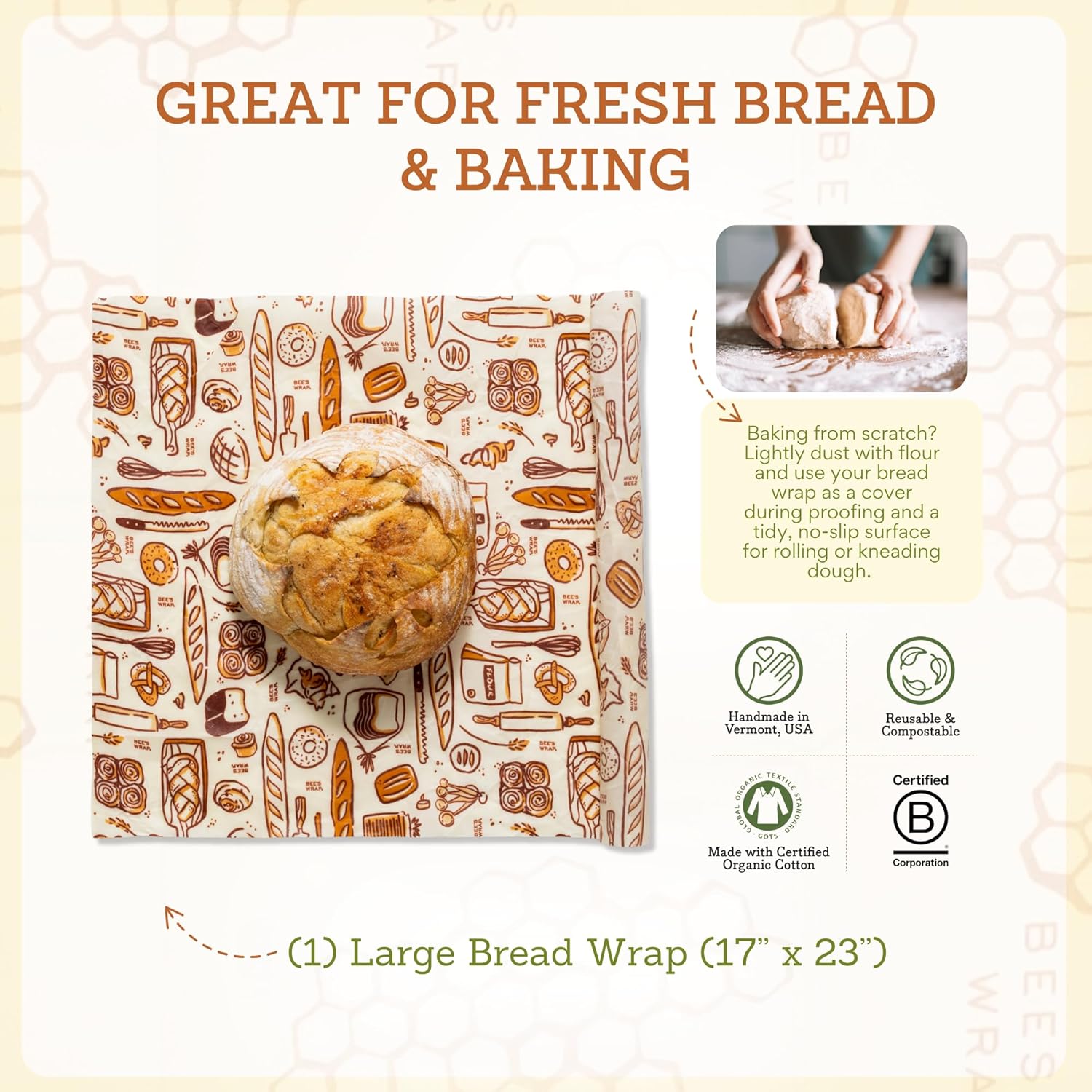 Bee's Wrap Beeswax Wraps for Food - Bakery Lane Bread Wrap - Made in USA Reusable Bread Storage Bags - Organic & Eco-Friendly Alternative to Aluminum Foil, Sourdough Bags & Plastic Wrap
