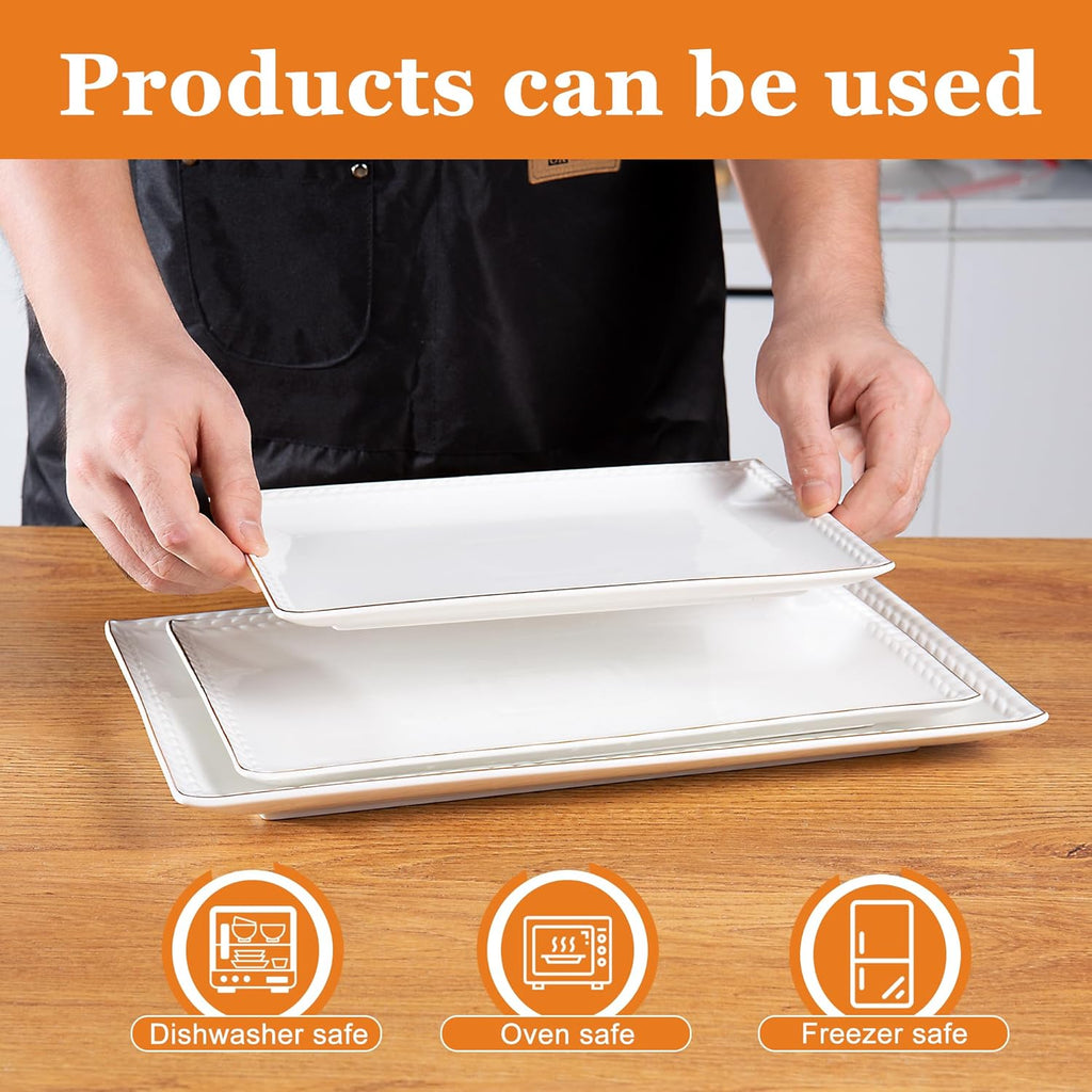 Kassel Ceramic Serving Platter Set | 14”/12” /10” Rectangular Serving Trays for Entertaining at Parties and Weddings | Oven Safe Large Serving Trays for Tacos, Steak, and Cake